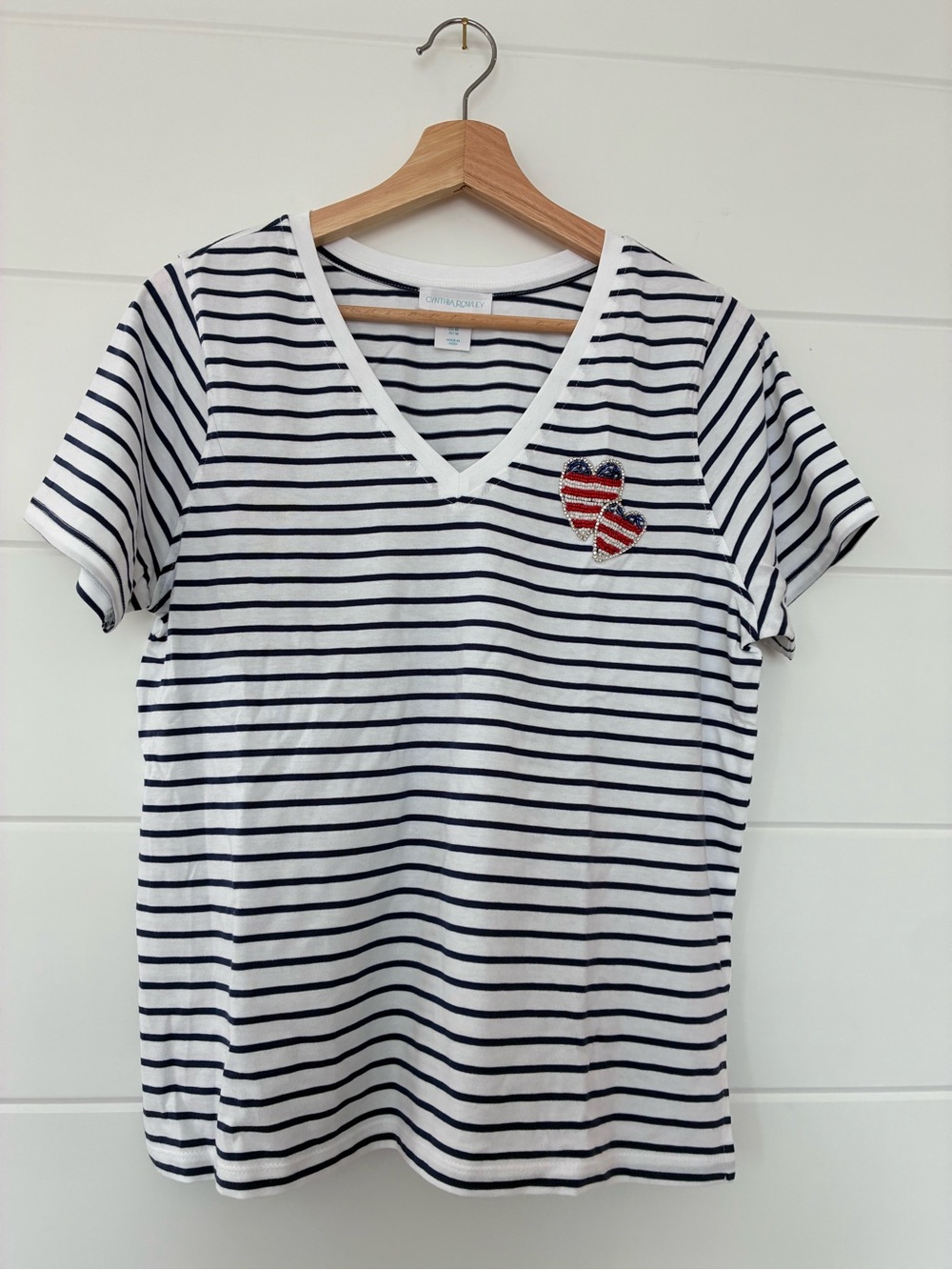 Cynthia Rowley White & Navy Striped V-Neck Tee with Flag Heart Patch